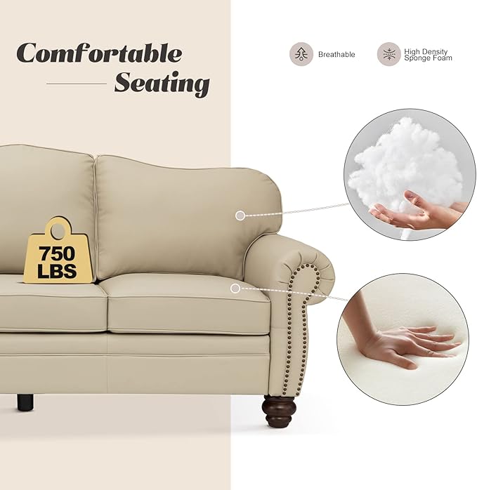 HULALA Home 81'' Genuine Leather Sofa with Nailhead Trim and Rolled Armrests, Mid-Century Modern Living Room 3-Seater Couch, Beige Couch with Removable Cushion for Bedroom Apartment