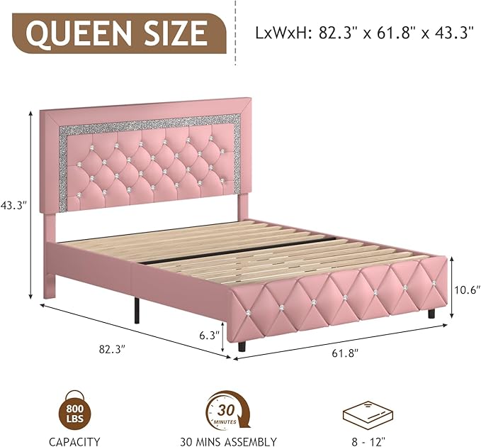 Queen Bed Frame, Faux Leather Platform Bed with Upholstered Diamond Headboard, Mattress Foundation with Strong Wooden Slats Support, No Box Spring Required, Easy Assembly, Pink