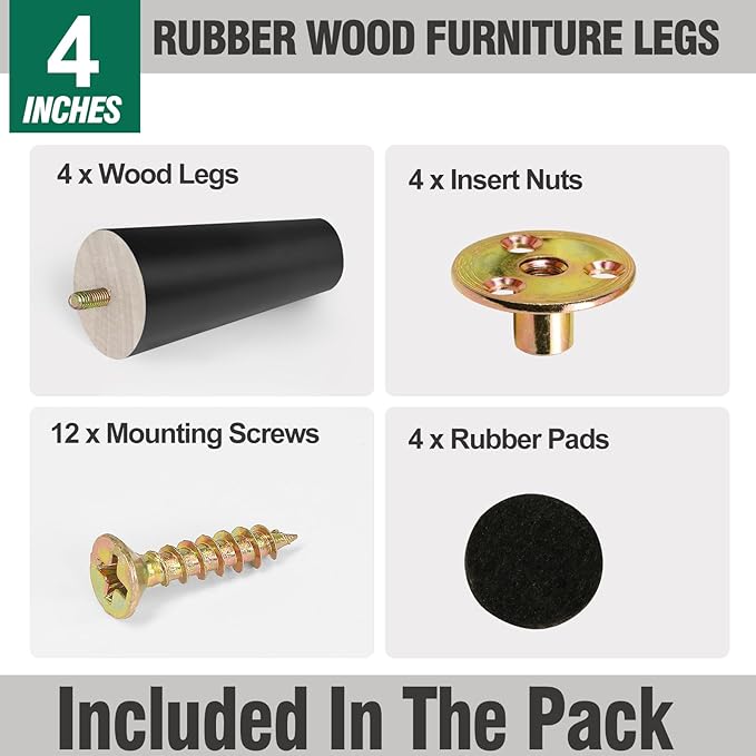 FoDau770 Black Rubber Wood Furniture Legs 4 Inches, Straight Tapered Wood Feet Mid Century Sofa Legs Set of 4, 5/16" UNC Furniture Feet for Cabinet Couch Dresser Chair Ottoman Table