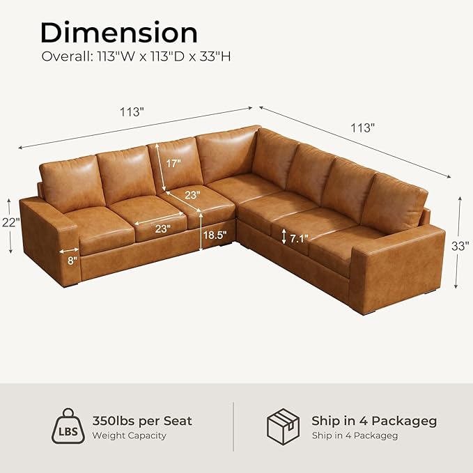 ELUCHANG 113" V-Shaped Modular Sectional Sofa Couch, Modern 7-Seat Premium Faux Leather Deep Seat Sofa with Corner, Removable Cover, Easy Assembly, Large Sofas & Couches for Living Room, Office, Brown | Spring Cushions, Easy to Clean