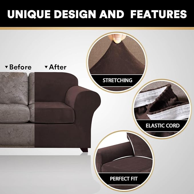 PrinceDeco Velvet XL Couch Cover for Oversized Sofa 4 Piece Sofa Covers for 3 Cushion Couch Washable Furniture Protector with Non Slip Elastic Bottom Width Up to 97 Inch(X-Large, Brown)