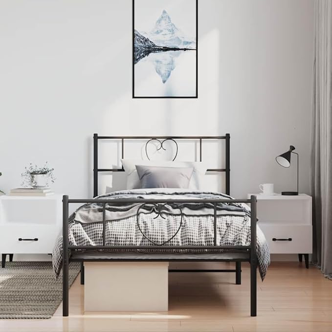 Twin Metal Bed Frame with Storage, Modern Black Platform Bed with Footboard, Strong Steel Construction for Adults, Minimalist Design with Finished Back for
