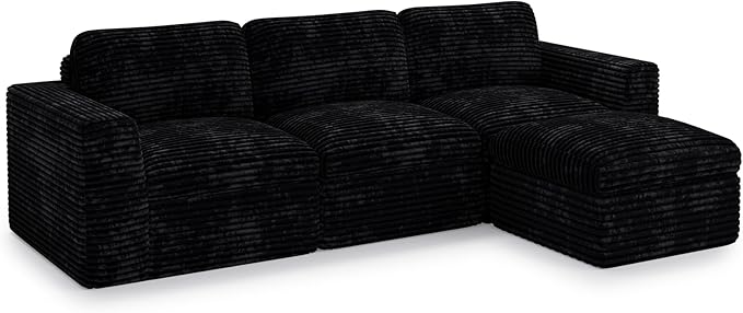 Belffin Boneless Cloud Modular Sectional Sofa 3-Seater L Shaped Couch with Ottoman Convertible Sofa Bed Plush Corduroy Cloud Sectional Couches for Living Room. Black Sofa