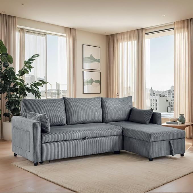 Sectional Sleeper Sofa with Pull Out Bed, LShape Convertible Sofa Bed Couch with Storage Chaise, 3 in 1 Pull Out Sofa Bed with 3 Seats, for Living Room,Apartment, Gray, 85Inch