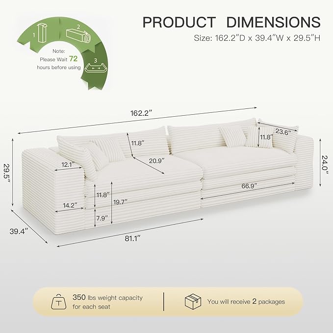 Belffin Plush Corduroy Boneless Cloud Couch with Deep Seat Convertible Sleeper Sofa Bed Cloud Boneless Sectional Couch No Assembly Required. Beige Sofa