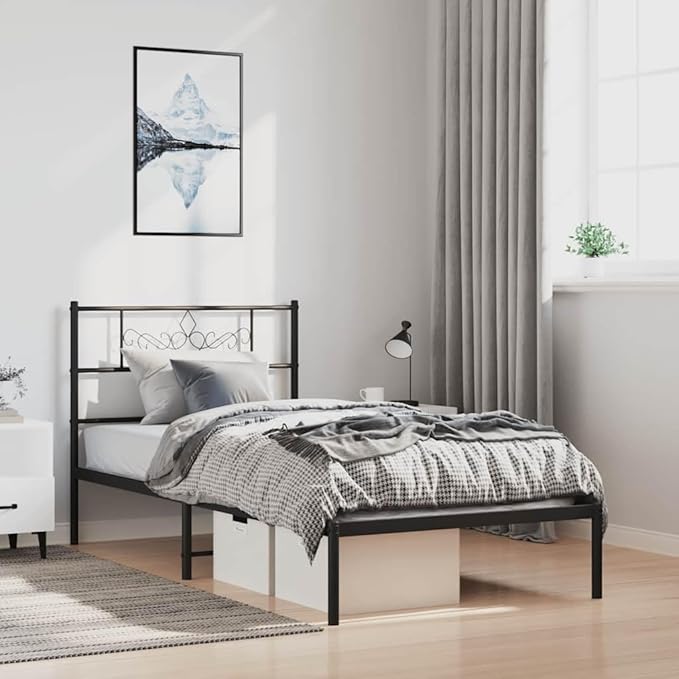 Modern Twin Metal Bed Frame with Under-Bed Storage, Sturdy Powder-Coated Steel Structure, Minimalist Design for Bedroom or Guest Room, Easy Assembly, Black
