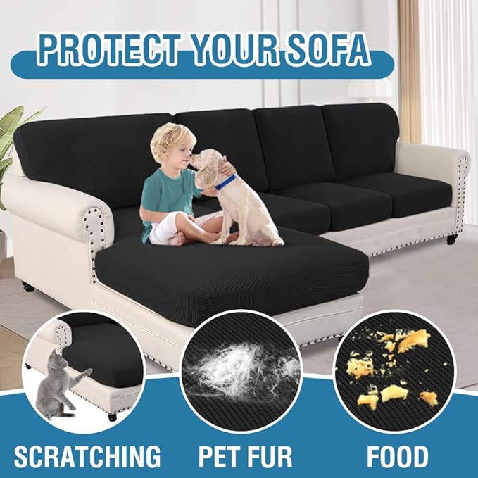 H.VERSAILTEX Sectional Couch Covers 8 Pieces Stretch Sofa Covers for Sectional Sofa Set Separate L Shaped Couch Cover for Both Left/Right Couch (Seat and Back: 1 Chaise + 3 Sofa, Black)