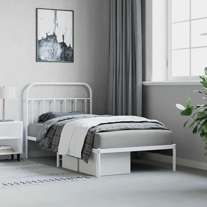 Bed Frame White Powder-Coated Steel Twin Bed Frame Rectangular headboard Bedroom Furniture for Bedroom