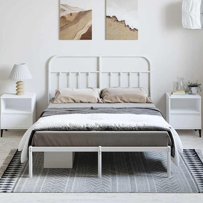 Bed Frame White Powder-Coated Steel King Bed Frame Rectangular Bedroom Furniture headboard for Guest Room