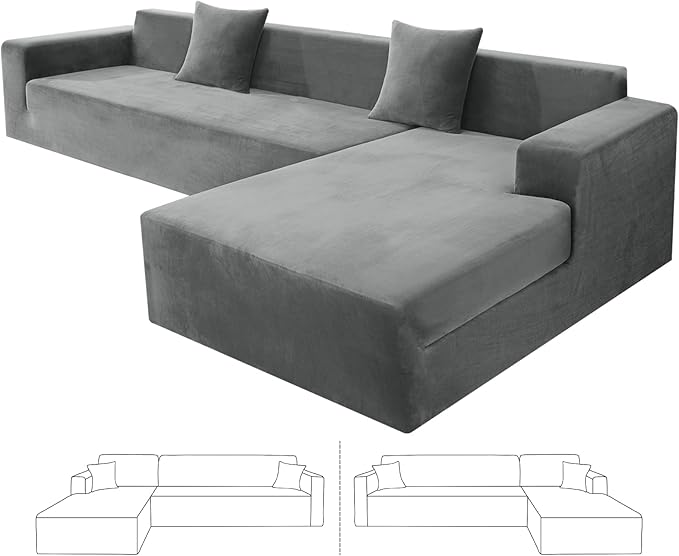 ZNSAYOTX 2026 Soft Velvet Sectional Couch Covers, Luxury Plush Slipcovers with Elastic Bottom for L Shape Sectional Sofa, 2 Pcs Pet Friendly Protector (3 Seat Couch + 3 Seat Chaise, Grey)