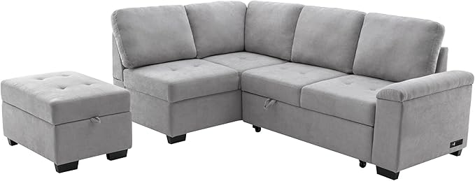 LUMISOL 87.4" Convertible Sectional Sofa with Storage Ottoman, L-Shaped Sleeper Sofa with Pull Out Bed, Storage Arm & USB Ports, Modern Velvet Sofa Couch with Chaise for Living Room, Grey