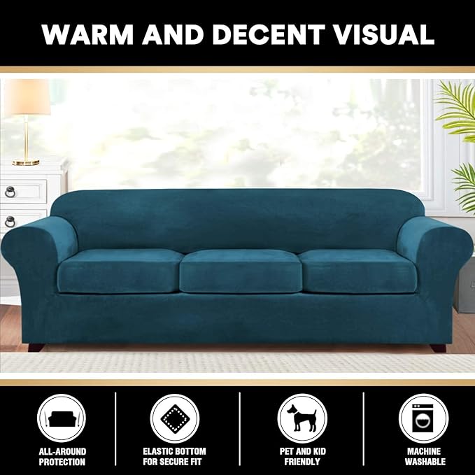 PrinceDeco Velvet XL Couch Cover for Oversized Sofa 4 Piece Sofa Covers for 3 Cushion Couch Washable Furniture Protector with Non Slip Elastic Bottom Width Up to 105 Inch(X-Large, Deep Teal)
