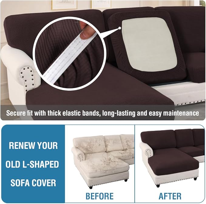 H.VERSAILTEX Sectional Couch Covers 8 Pieces Stretch Sofa Covers for Sectional Sofa Set Separate L Shaped Couch Cover for Both Left/Right Couch (Seat and Back: 1 Chaise + 3 Sofa, Chocolate)