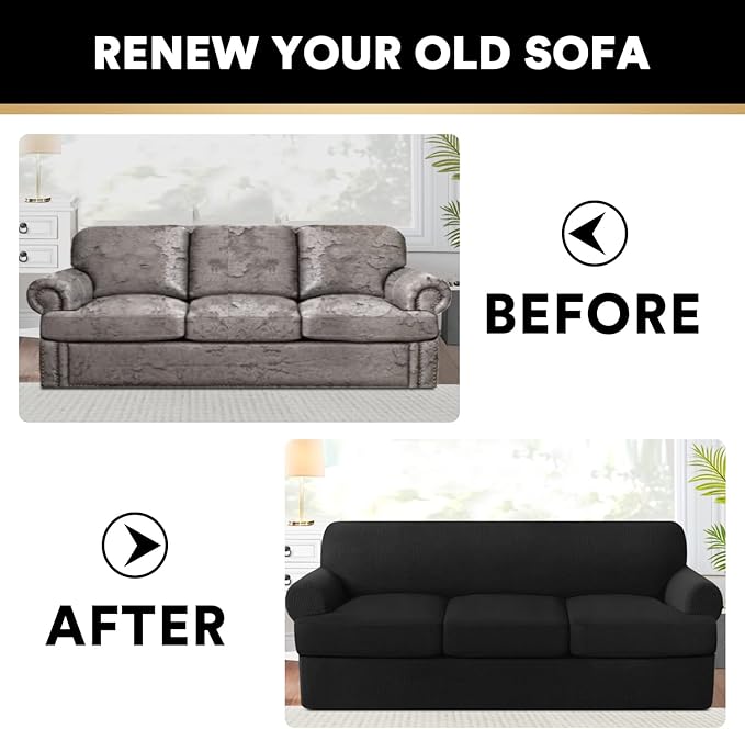PrinceDeco T Cushion Sofa Slipcover 4 Pieces Sofa Covers for T Cushion Couch Soft Sofa Slip Covers Furniture Protector with 3 Individual T Shape Seat Covers (70"-88") Washable, Black