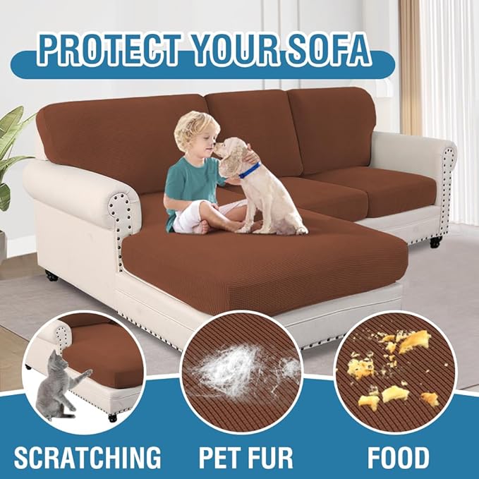 H.VERSAILTEX Sectional Couch Covers 6 Pieces Stretch Sofa Covers for Sectional Sofa Set Separate L Shaped Couch Cover for Both Left/Right Couch (Seat and Back: 1 Chaise + 2 Sofa, Caramel)