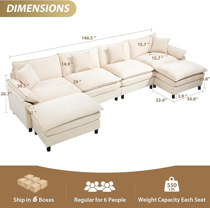 Oversized Modular Sectional Sofa, 146.5 Inch U Shaped Cloud Couch Set, 4-Seat Comfy Convertible Sofa with 2 Movable Ottoman, DIY Combination Sleeper Couch for Living Room(Chenille, Beige)