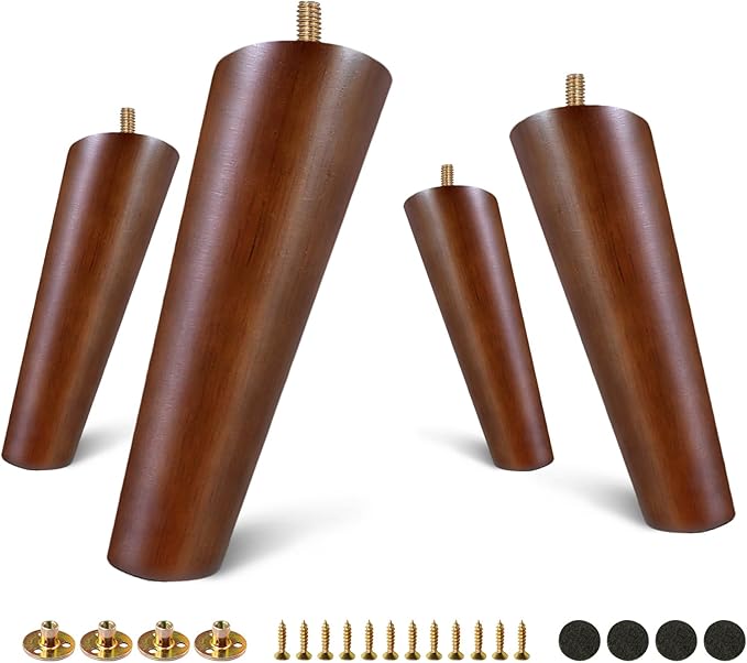 FoDau770 Brown Rubber Wood Furniture Legs 6 Inches, Slant Tapered Wood Feet Mid Century Sofa Legs Set of 4, 5/16" UNC Furniture Feet Replacement Parts for Cabinet Couch Dresser Chair Ottoman Table
