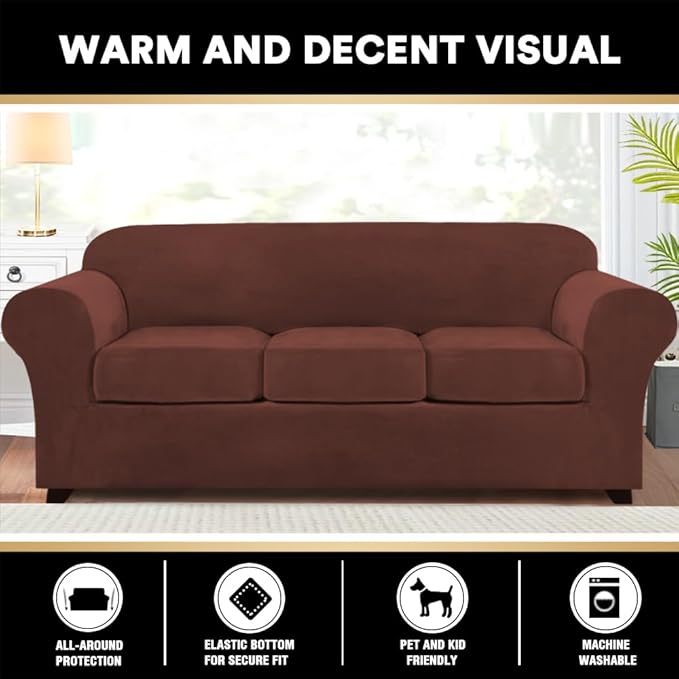 PrinceDeco Velvet Couch Covers for Sofa Soft 4 Pieces Couch Covers for 3 Cushion Couch Sofa Pet Friendly Furniture Protector with Non Slip Elastic Bottom Width Up to 90 Inch (Large, Burnt Brick)