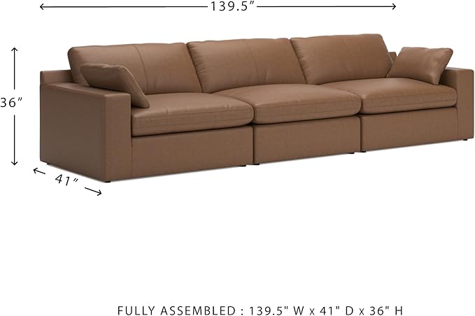 Signature Design by Ashley Emilia Modern Leather Match 3-Piece Sectional Sofa with Loose Back Cushions and 2 Bolster Pillows, Light Brown
