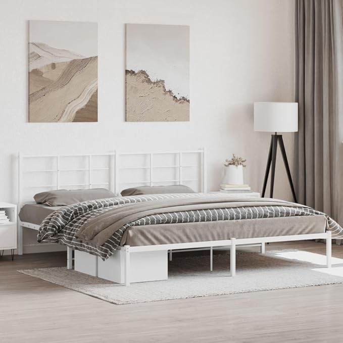 Contemporary White Metal Bed Frame with Headboard, Modern Double Bed Frame for Bedroom, Sturdy Powder-Coated Steel Structure, Durable Support for Mattress,