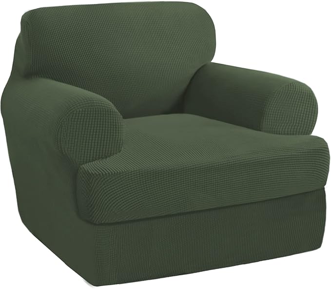 PrinceDeco 2 Pieces T Cushion Chair Slipcover Stretch Couch Covers for T Cushion Sofa Slipcovers Chair Covers for Armchair with 1 Individual T Shape Seat Covers (29"-40"), Bronze Green