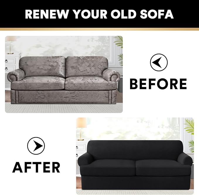 PrinceDeco T Cushion Sofa Slipcover 3 Pieces Sofa Covers for T Cushion Couch Soft Couch Covers Sofa Slip Cover Furniture Covers with 2 Individual T Shape Seat Covers Width Up to 88", Black