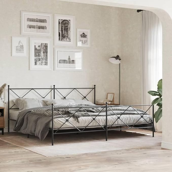 vidaXL King-Size Metal Bed Frame with Headboard/Footboard - Black, 81.5"x78"x35.6", Steel Construction, Extra Underbed Storage