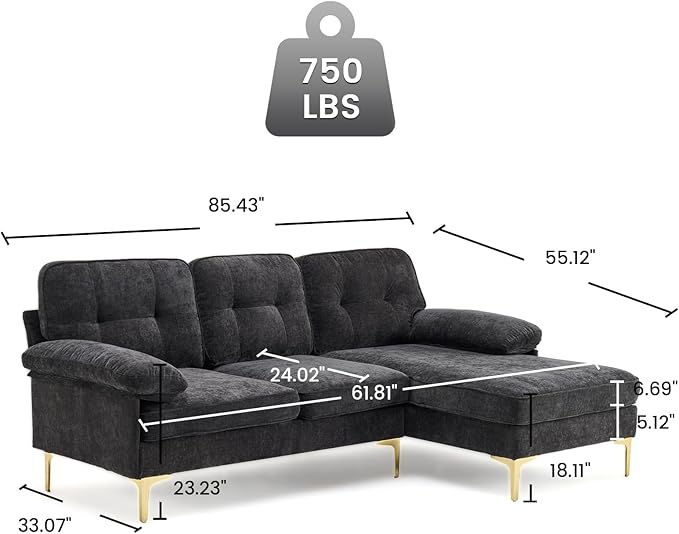Sectional Couches for Living Room,85" L-Shaped Sofas,Modern Couch with Deep Seats & Chaise Longue,Removable Sofa Pillows Washable,Sofa for Apartments(Chenille,Black)