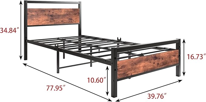 BOFENG Twin Size Bed Frame with Vintage Wood Headboard Farmhouse Bed,Heavy Duty Metal Platform Bed Frames No Box Spring Needed,Firm Mattress Foundation Steel Slat Support Easy Assembly(Brown)