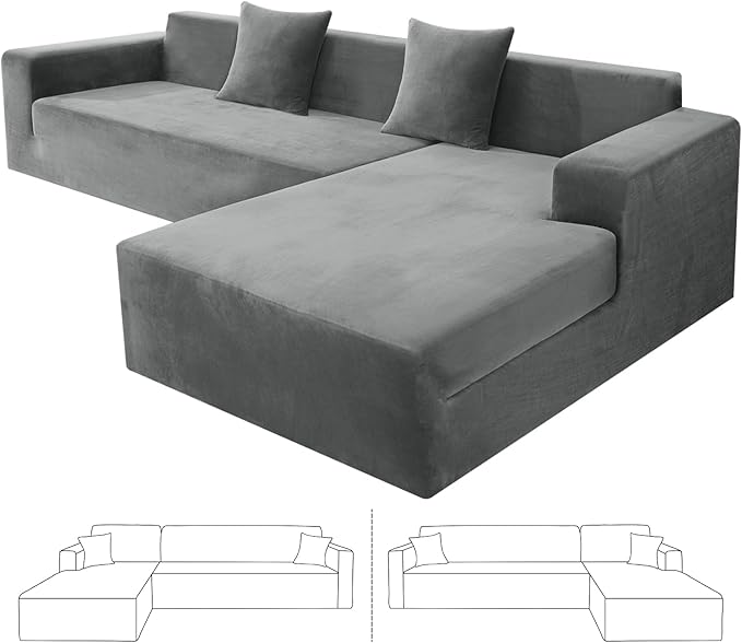 ZNSAYOTX 2026 Soft Velvet Sectional Couch Covers, Luxury Plush Slipcovers with Elastic Bottom for L Shape Sectional Sofa, 2 Pcs Pet Friendly Protector (3 Seat Couch + 2 Seat Chaise, Grey)