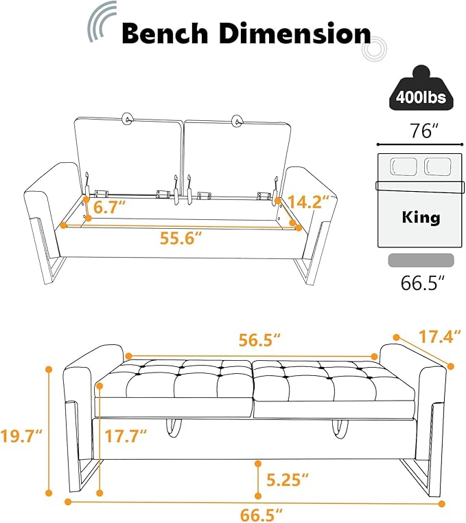 67" Storage Bench for Bedroom End of Bed, Velvet King Size Bed Bench with Double Lids and Gold Legs, Storage Ottoman Bench with Arms for Living Room Window and Entryway, Beige