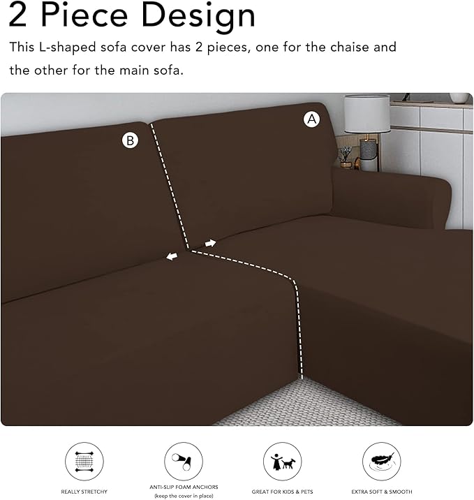 PureFit Super Stretch Sectional Couch Covers - 2 pcs Spandex Non Slip Sofa Covers with Elastic Bottom for L Shape Sectional Sofa Couch, Great for Kids & Pets (3 Seat Sofa + 3 Seat Chaise, Coffee)