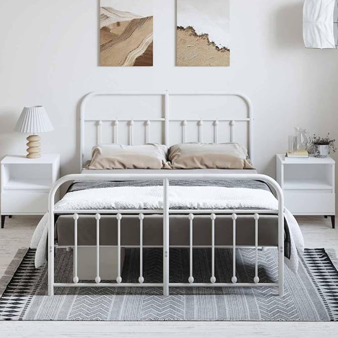 Bed Frame White Powder-Coated Steel Single Bed headboard for Living Room 53.1x74.8 in