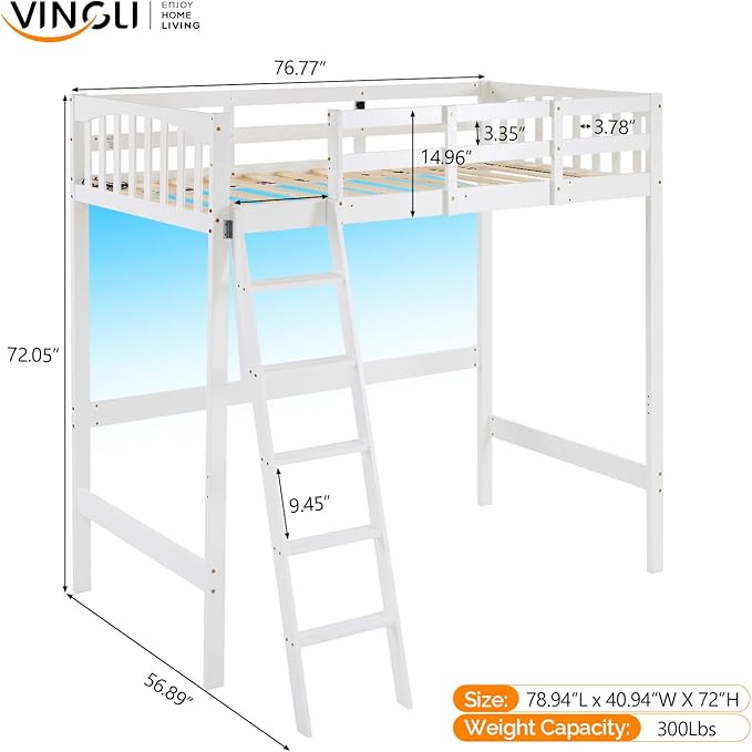 VINGLI Loft Bed Twin Size with USB Charging Station/LED, Solid Wood Single Loft Bunk Bed with Flat Rungs for Kids/Teens/Adults, 15 inches High Guardrail,Wood Slat Support No Box Spring Needed, White