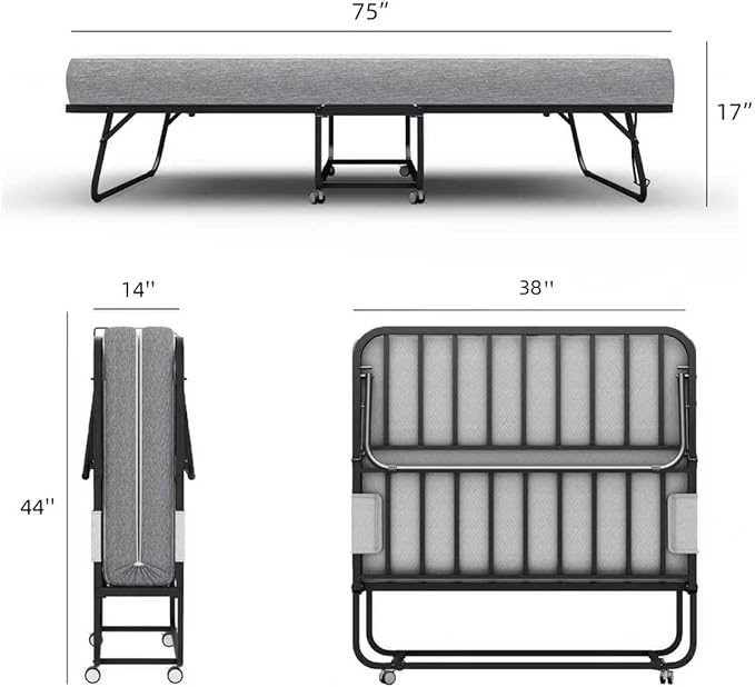Espsilto Folding Bed with Mattress for Adult - Twin Size75''x38'' Portable Foldable Rollaway Bed for Guest with Thick Memory Foam Mattress
