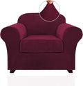PrinceDeco Velvet Plush Couch Cover Stretch 2 Piece Chair Cover Chair Slipcover Washable Furniture Protector Couch Soft with Elastic Bottom Armchair Cover Width Up to 49 Inch(Small, Burgundy)