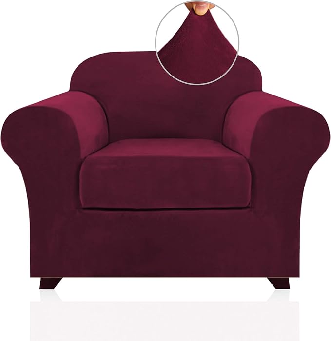 PrinceDeco Velvet Plush Couch Cover Stretch 2 Piece Chair Cover Chair Slipcover Washable Furniture Protector Couch Soft with Elastic Bottom Armchair Cover Width Up to 49 Inch(Small, Burgundy)