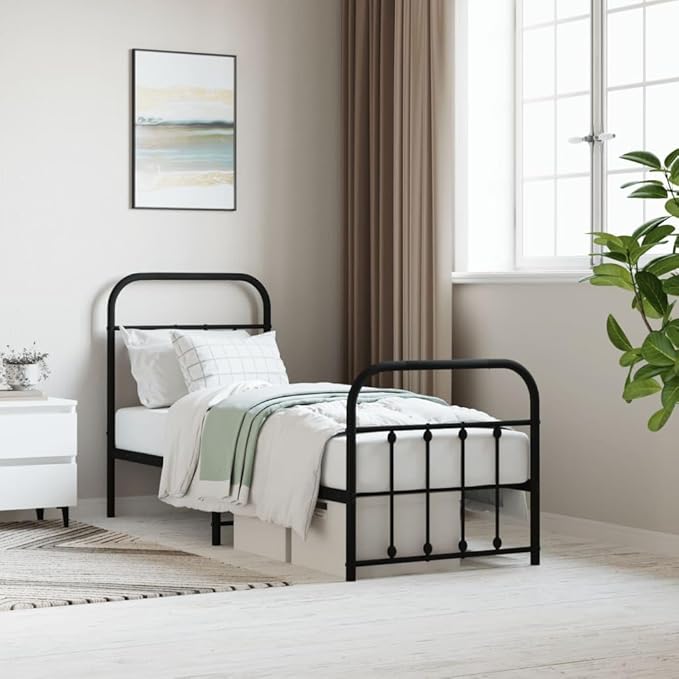 Bed Frame Black Powder-Coated Steel Small Single Bed Frame headboard Bedroom Furniture for Living Room