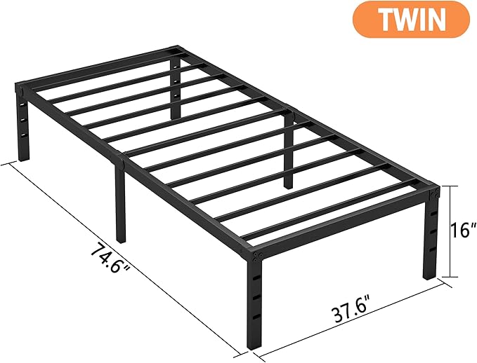 Hafenpo 16 Inch Twin Bed Frame - Sturdy Metal Platform Twin Size, No Box Spring Needed, Heavy Duty, Easy Assembly, Strong Bearing Capacity, Under Bed Storage, Black