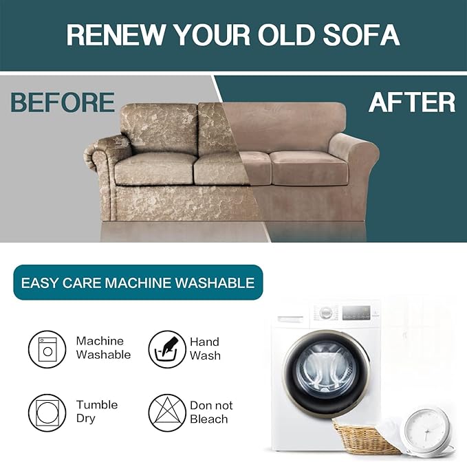 FantasDecor 3 Piece Sofa Covers Velvet for 2 Cushion Couch Stretch Loveseat Slipcover with Individual Seat Elastic Furniture Protector for Pets (Sofa, Taupe)