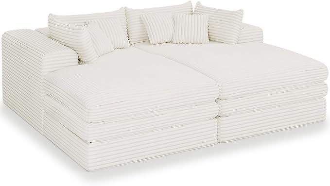 Belffin Double Chaise Lounge Sofa Bed Plush Corduroy Boneless Sectional Cloud Couches for Living Room Boneless Cloud Couch with Deep Seat No Assembly Required. Beige Sofa