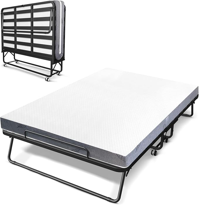 75" x 46" Folding Bed with Mattress for Adults, 5 Inch Memory Foam Mattress, Portable Foldable Rollaway Guest with Strong Metal & Wood Frame, Side Pocket