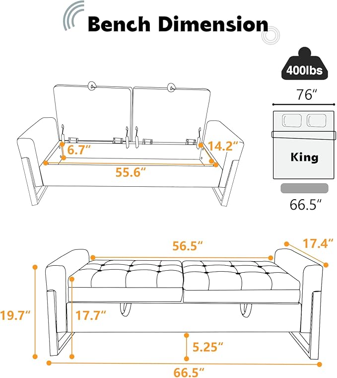 67" End of Bed Bench King Size, Velvet Storage Bench for Bedroom Foot of Bed, Double Lids Storage Bench with Golden Legs, Upholstered Ottoman Bench for Living Room Window Entryway, Cream