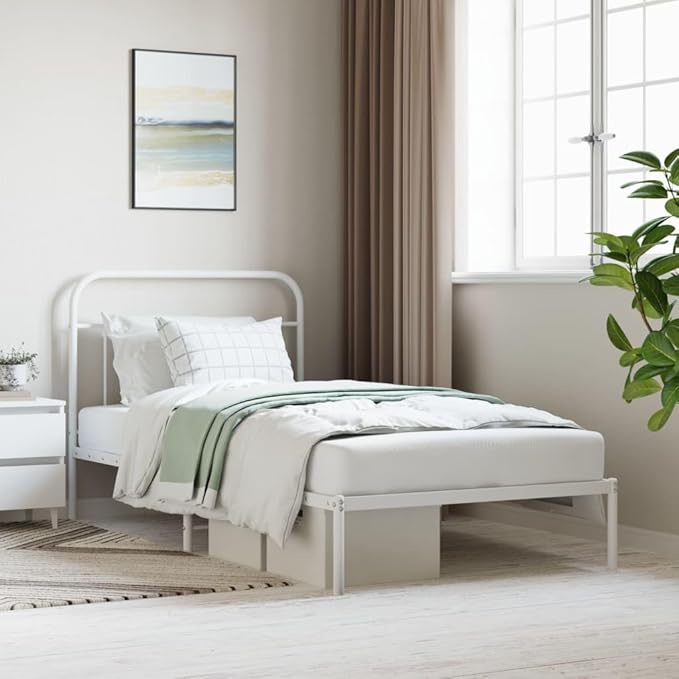 Bed Frame White Steel Twin Bed Frame Rectangular Industrial headboard Bedroom Furniture for Guest Room