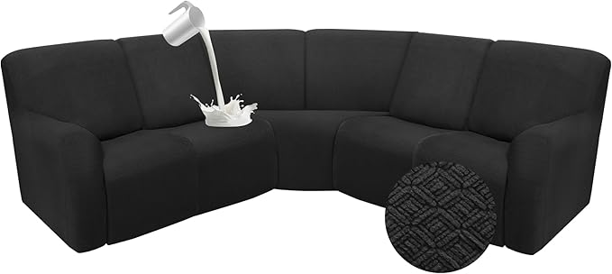 Reclining Sectional Couch Covers L Shape Waterproof Washable Recliner Sofa Cover for L Shaped Sectional Super Stretch Corner Recliner Slipcovers (5 Seater Cover, Dark Black)