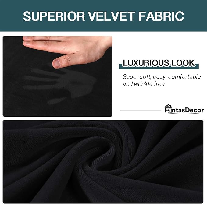 FantasDecor 3 Piece Sofa Covers Velvet for 2 Cushion Couch Stretch Loveseat Slipcover with Individual Seat Elastic Furniture Protector for Pets (Sofa, Black)