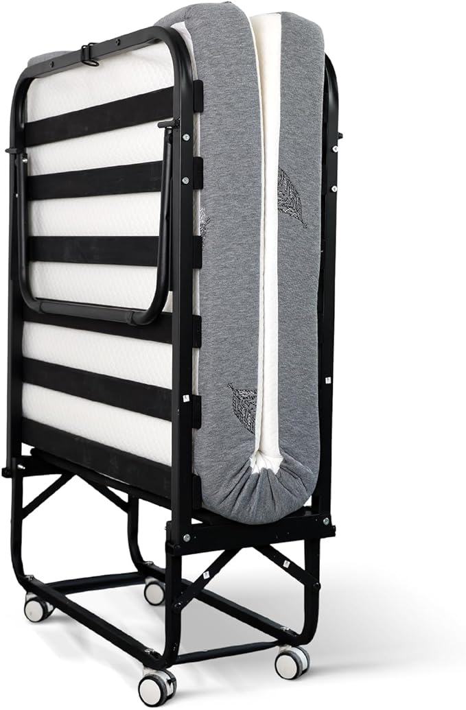 Folding Bed with Mattress for Adults, Single Size Portable Foldable Bed with Strong Metal & Wood Frame, Rollaway Guest, 75" x 31"