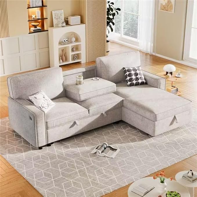 LUMISOL 89" Convertible Sleeper Sofa Bed, Modern L-Shaped Sectional Couch Bed with Convertible Chaise, Chenille Pull Out Sofa with Cup Holders & Charging Station for Living Room, Beige