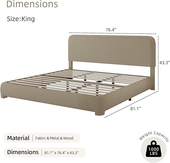 BarnFurin Boucle Upholstered Bed Frame King Size/Cloud Bed Frame/Soft Rounded Corners Headboard/Low Profile/No Box Spring Needed/Non-Slip and Noise-Free/Beige