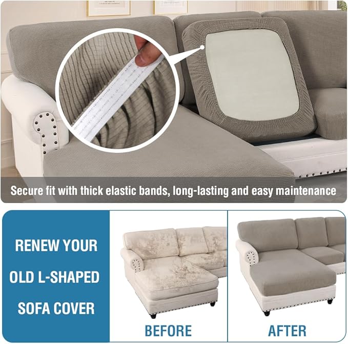 H.VERSAILTEX Sectional Couch Covers 8 Pieces Stretch Sofa Covers for Sectional Sofa Set Separate L Shaped Couch Cover for Both Left/Right Couch (Seat and Back: 1 Chaise + 3 Sofa, Taupe)